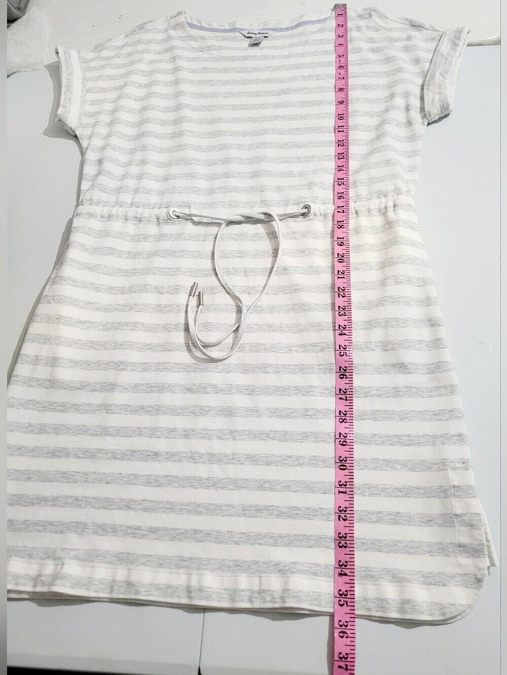 Tommy Bahama Striped Drawstring Dress Medium White Gray Cotton Blend Pockets - Picture 10 of 11